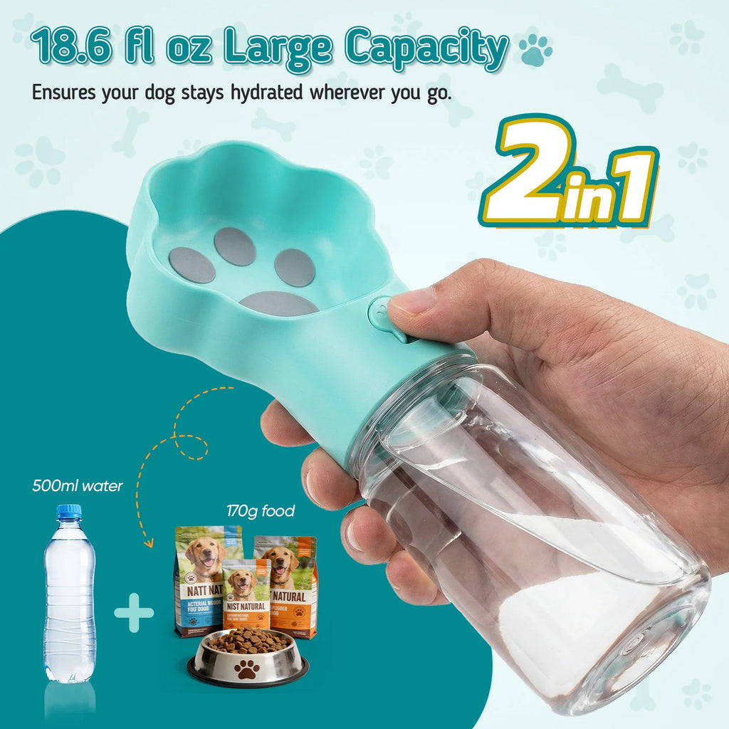Dog Water Bottle with Food Container, 18.6Oz Pet Dispenser Cup, Detachable Food Storage, Portable Leak Proof Lock Dog Water Bottle for Outdoor Daily Walking Camping Hiking Travel, Blue