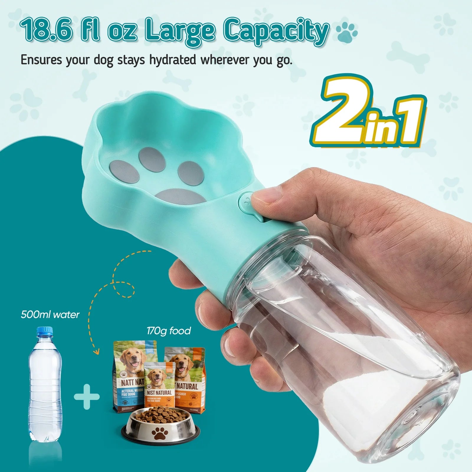 Dog Water Bottle with Food Container, 18.6Oz Pet Dispenser Cup, Detachable Food Storage, Portable Leak Proof Lock Dog Water Bottle for Outdoor Daily Walking Camping Hiking Travel, Blue