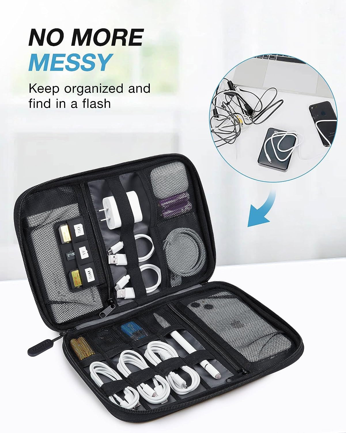 Large Electronic Organizer Travel Case for Tech Accessories, Black | Tech Accessories, Cord Storage, for Phone, Power Bank, SD Card, Cables
