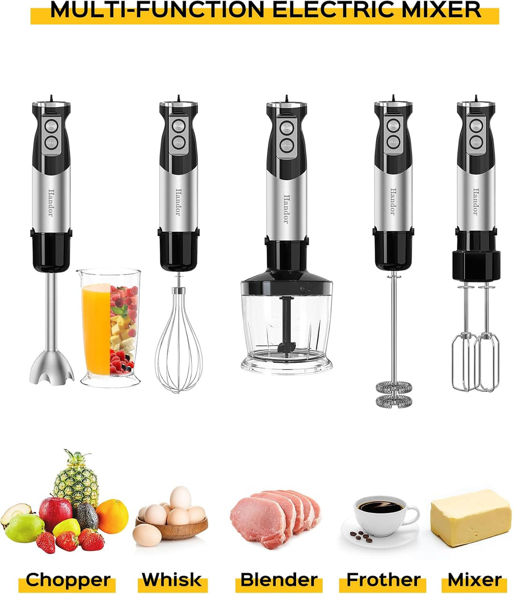 6-In-1 Hand Immersion Blender, 1000W 12 Speed Handheld Blender with 600Ml Beaker, 500Ml Chopper, Egg Whisk, Milk Frother, Stainless Steel Blades for Soup, Smoothie, Puree