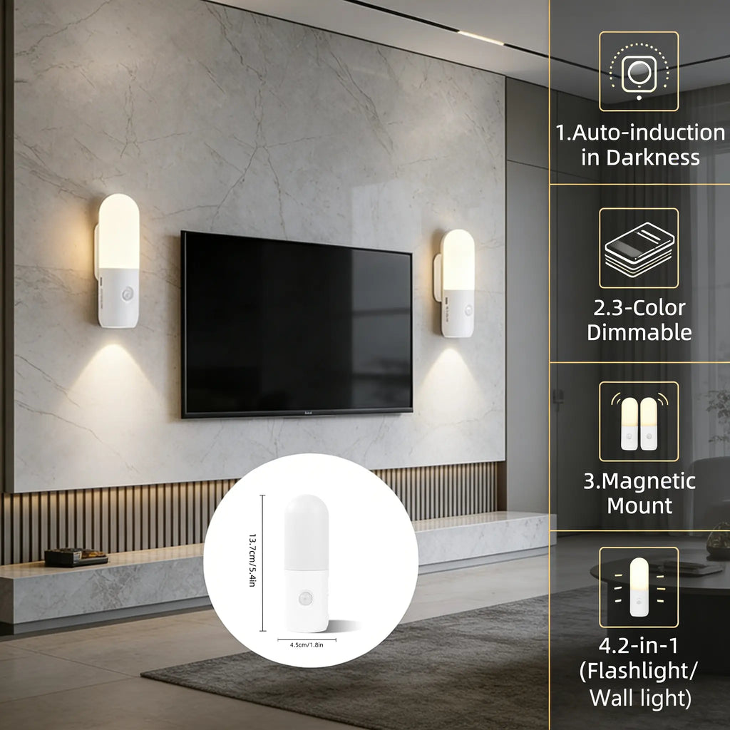 USB Rechargeable Motion Sensor Night Light Indoor Battery Operated Pir Light with 3 Color Temperature & Dimmable, Magnetic Night Lights Stick on Wall for Stair Bathroom Hallway Toilet, Christmas Present LED Adjustable Lighting Modes Lamp Lights Bedroom
