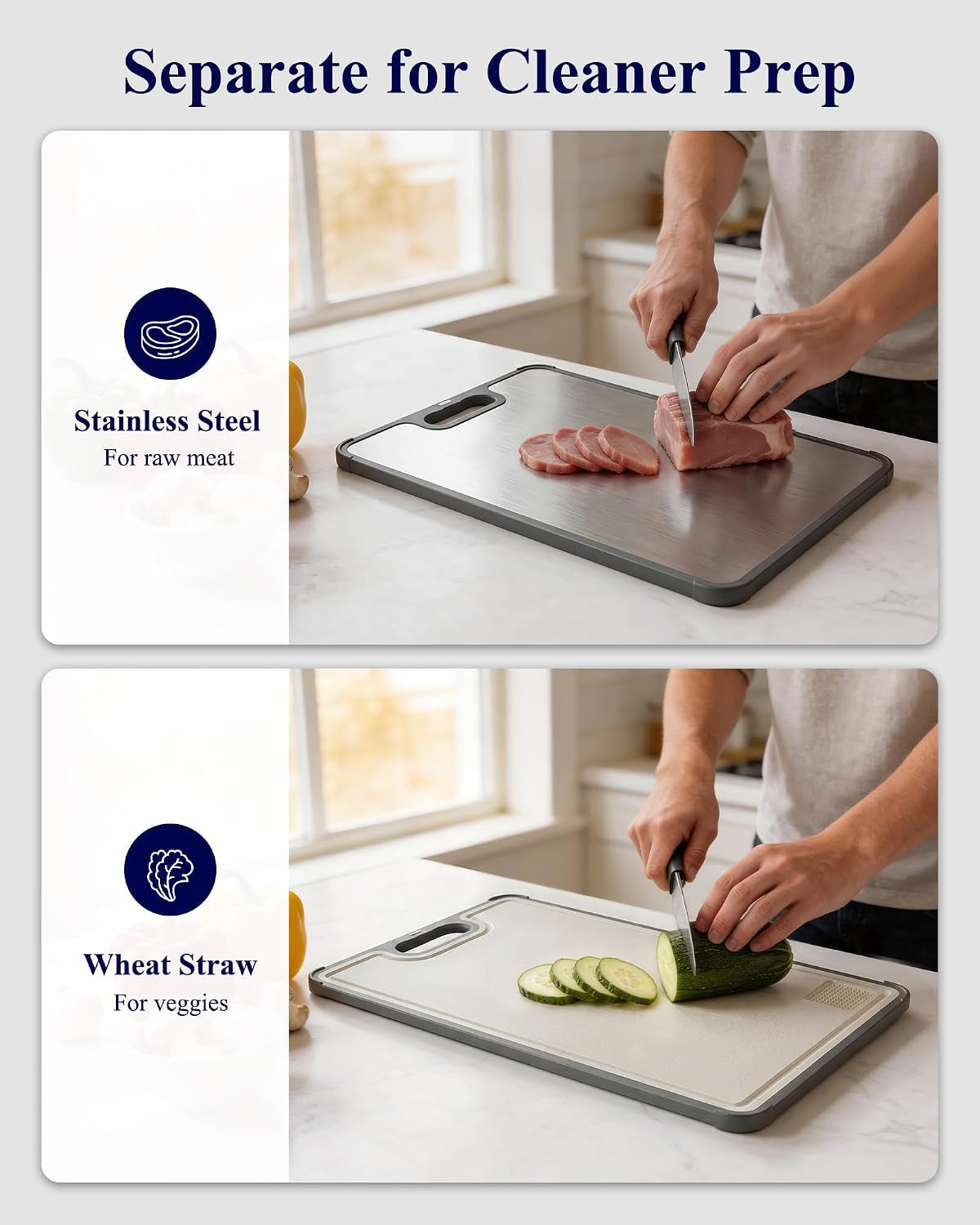 Double-Sided Cutting Board for Kitchen - Stainless Steel Cutting Board with Wheat Straw Side, Non-Toxic Chopping Board with Juice Groove, Garlic Grinder & Non-Slip Design, 14.5 X 10.0"