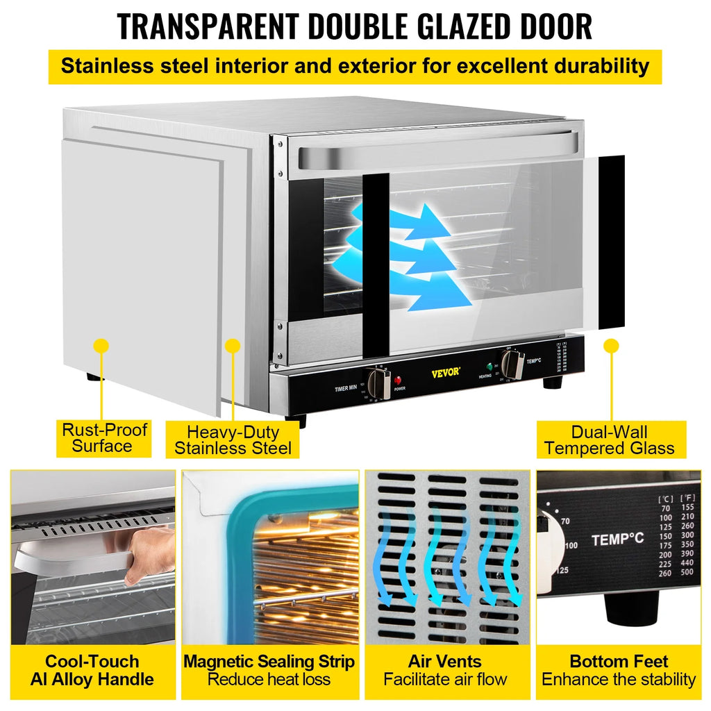 Commercial Convection Oven, Professional Countertop Oven66L/60Qt, Mid-Size Conventional Oven Countertop, 1800W 4-Tier Toaster with Front Glass Door