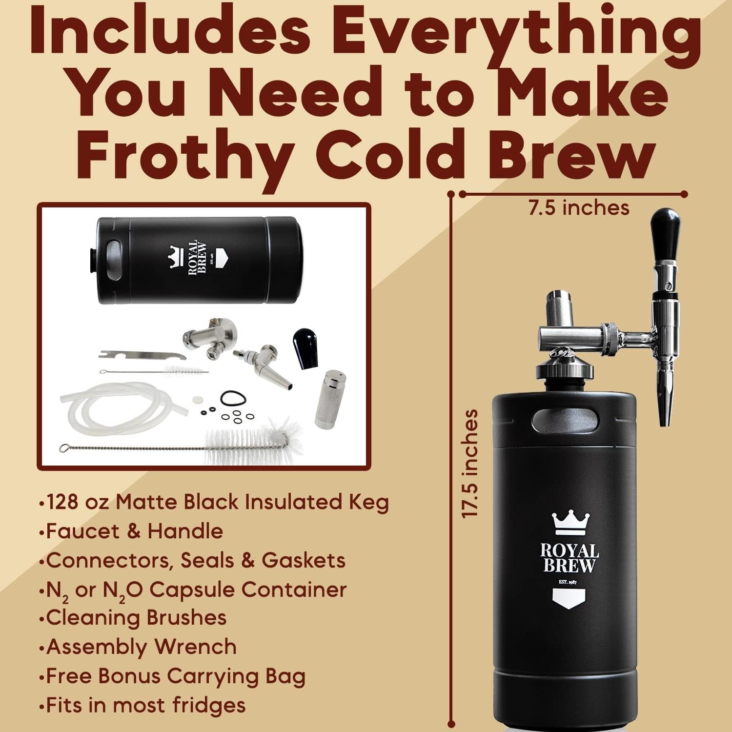 The Original Royal Brew Nitro Cold Brew Coffee Maker - Gift for Coffee Lovers -128 Oz Extra Large Home Keg, Nitrogen Gas System Coffee Dispenser Kit - Use Nitrogen or Nitrous Oxide | Stainless Steel Coffee Dispenser Kit with Stout Faucet, Nitrogen Gas Home Nitro Coffee System, Gift for Coffee Lovers