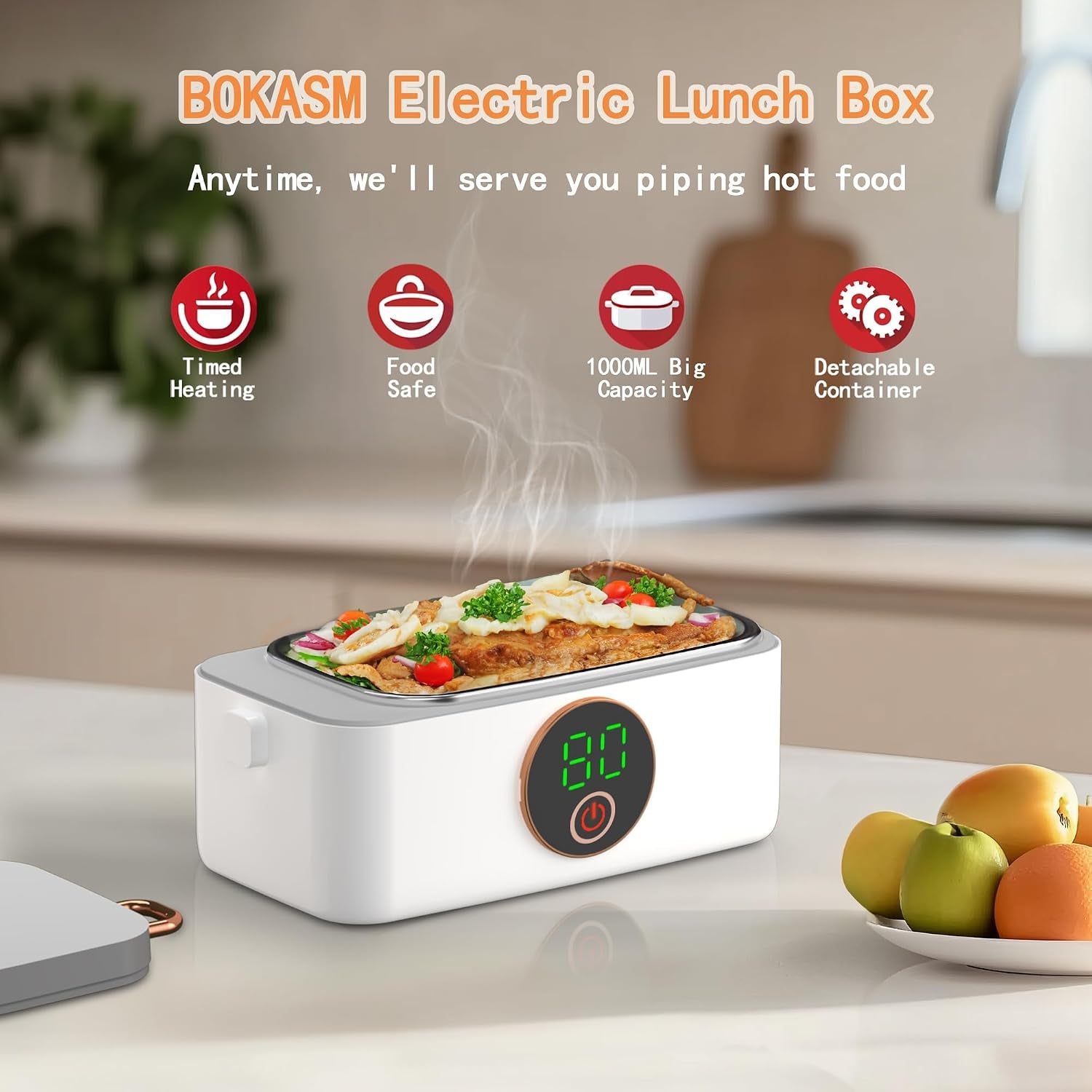 Portable Heated Lunch Box for Adults, 1000Ml Capacity SS Inner Liner | Cordless Electric Food Warmer 16000 Mah Battery Powered,6 Temperature & 7 Timer Settings for Travel/Picnic/Camping/Office