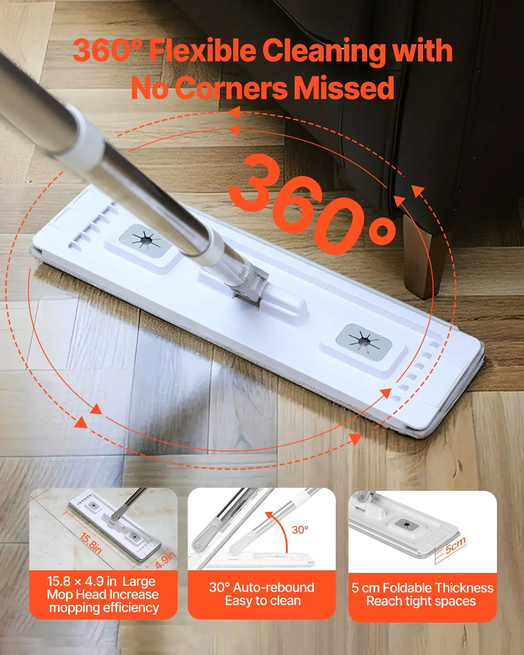 Mop and Bucket with Wringer Set, Wet & Dry Use, Flat Mop and Bucket System with 3 Washable Microfiber Pads, Flat Mop with Stainless Steel Handle, Mop Bucket Set for Hardwood Tile Vinyl
