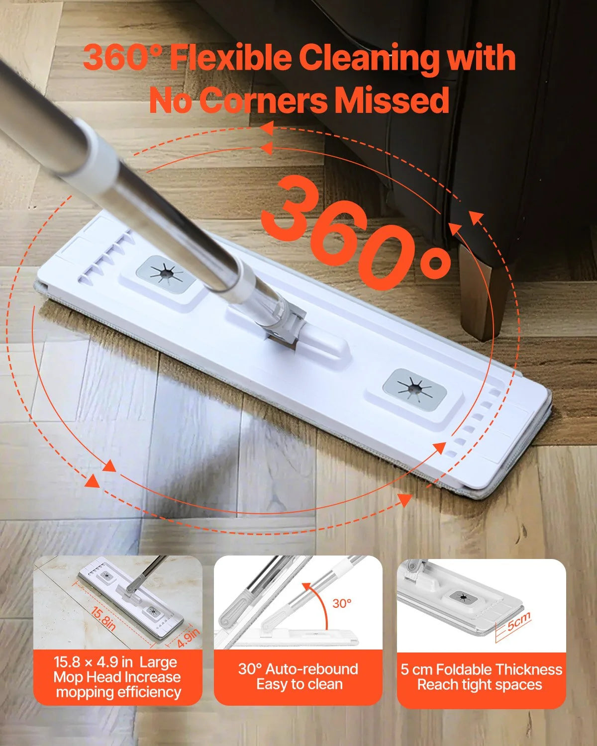 Mop and Bucket with Wringer Set, Wet & Dry Use, Flat Mop and Bucket System with 3 Washable Microfiber Pads, Flat Mop with Stainless Steel Handle, Mop Bucket Set for Hardwood Tile Vinyl