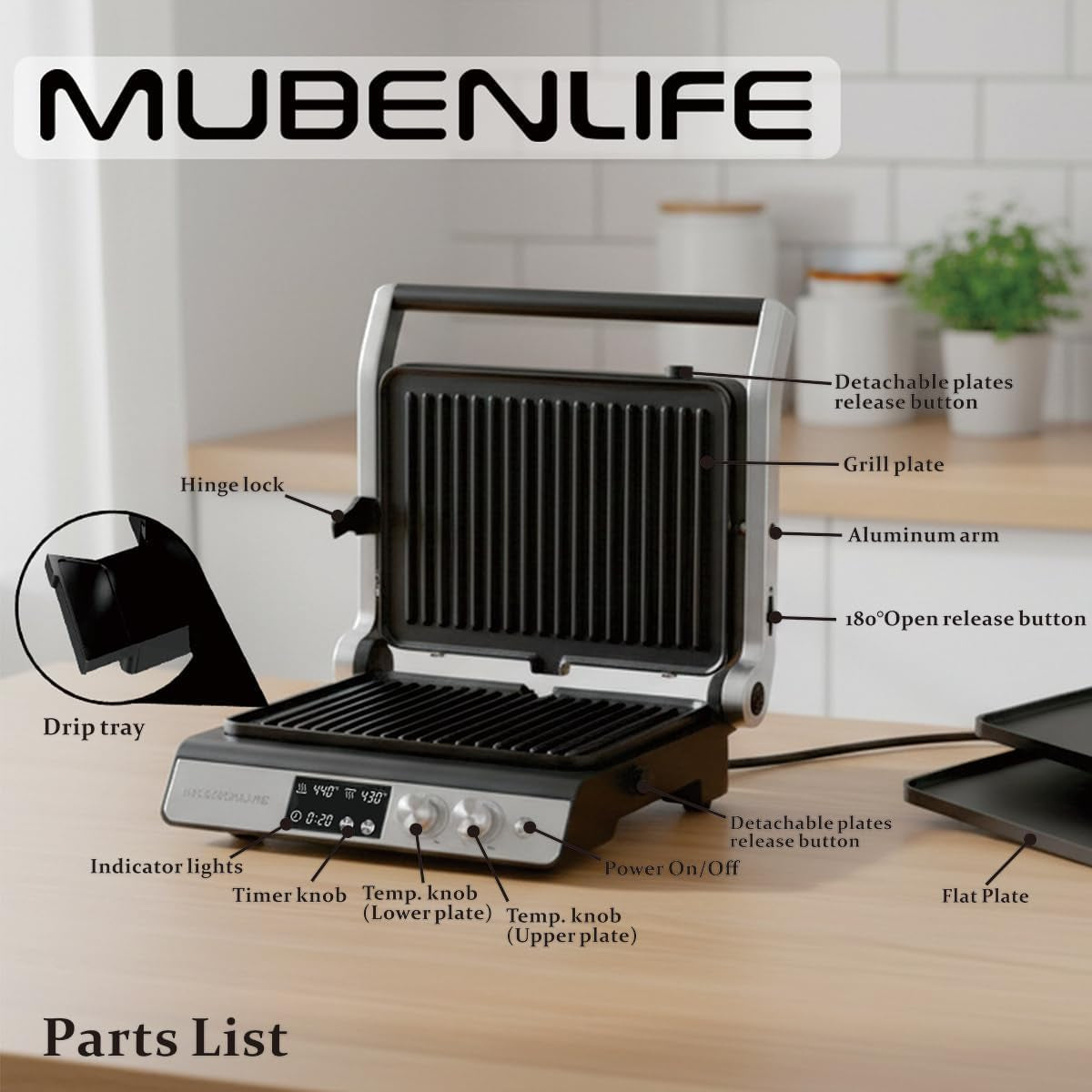 Panini Press,4 Slices Contact Grill with Removable Non-Stick Coated Grill and Flat Plates,Panini Makers with Temperature Control and Timer,Open 180 Degrees,Grill and Griddle (Silver with Digital)