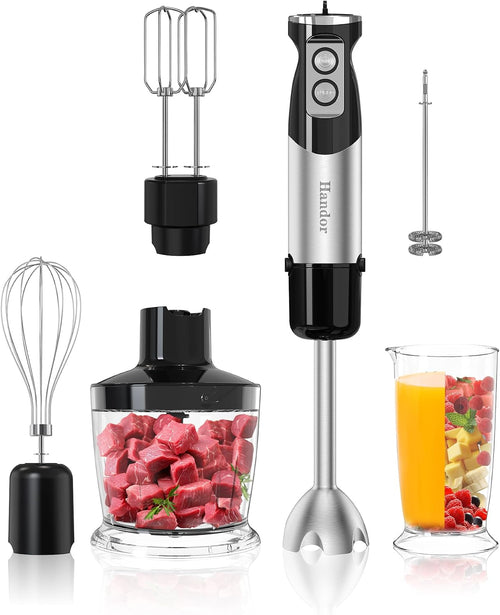 6-In-1 Hand Immersion Blender, 1000W 12 Speed Handheld Blender with 600Ml Beaker, 500Ml Chopper, Egg Whisk, Milk Frother, Stainless Steel Blades for Soup, Smoothie, Puree
