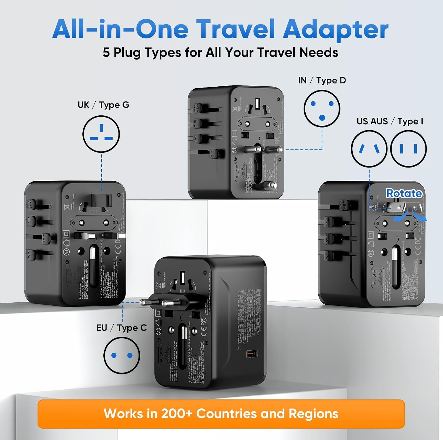 Universal Travel Adapter, International Power Adapter Gan, Type C/G/D/I/A | Auto-Resetting Fuse, 3 USB-C/2 USB-A&1 AC, All-In-One Portable Plug Adaptor Worldwide for US to EU UK AU in Spain France