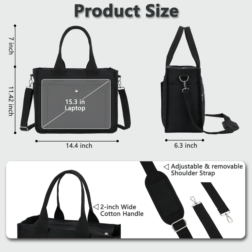 Large Canvas Tote Bag for Women with Zipper & Compartments, Crossbody Laptop Bags for Work College Travel