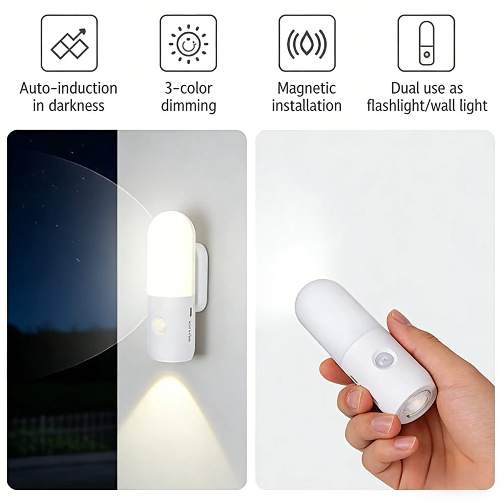 USB Rechargeable Motion Sensor Night Light Indoor Battery Operated Pir Light with 3 Color Temperature & Dimmable, Magnetic Night Lights Stick on Wall for Stair Bathroom Hallway Toilet, Christmas Present LED Adjustable Lighting Modes Lamp Lights Bedroom