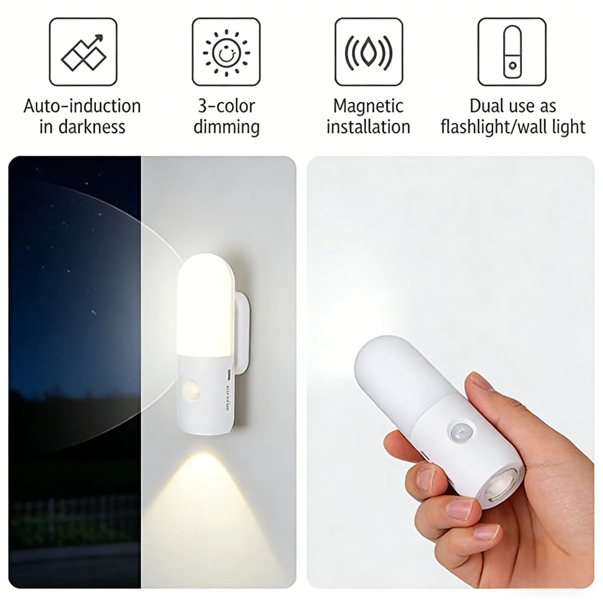 USB Rechargeable Motion Sensor Night Light Indoor Battery Operated Pir Light with 3 Color Temperature & Dimmable, Magnetic Night Lights Stick on Wall for Stair Bathroom Hallway Toilet, Christmas Present LED Adjustable Lighting Modes Lamp Lights Bedroom