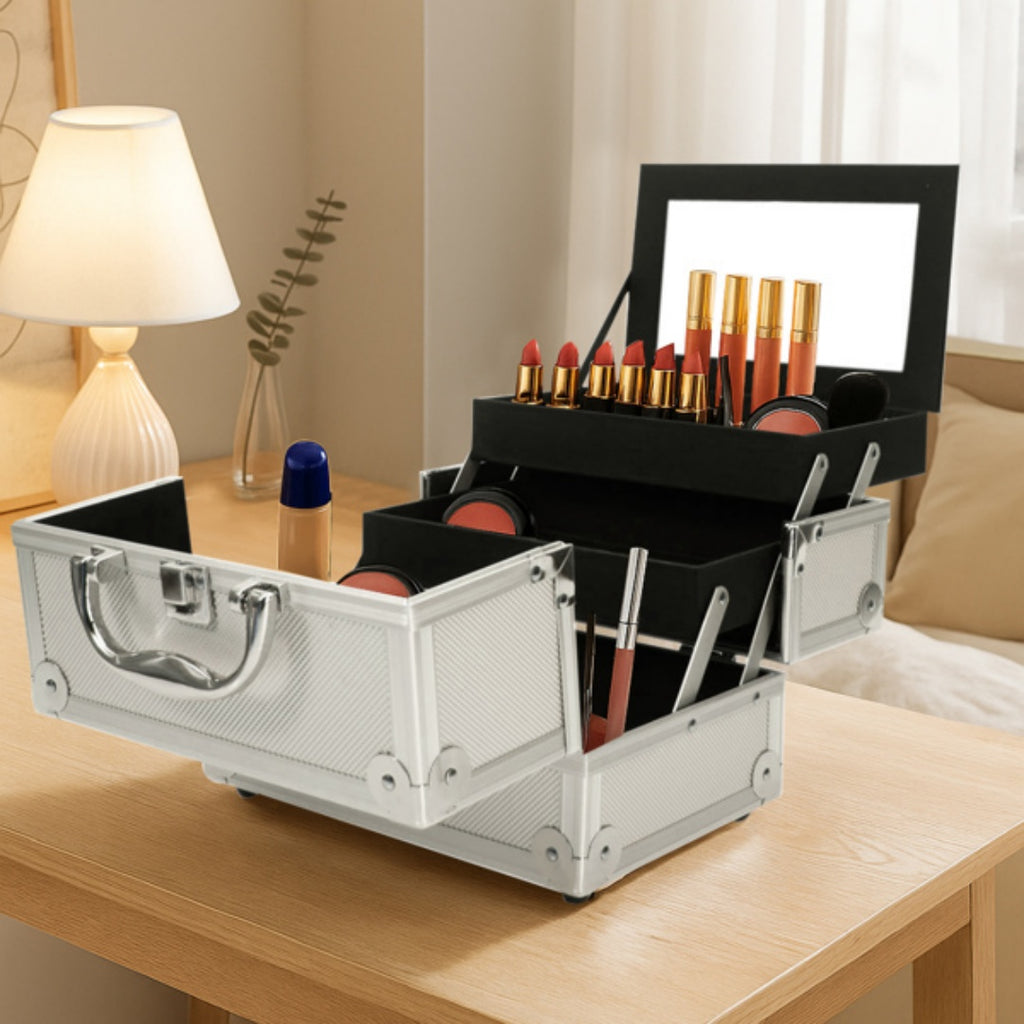 Portable Top-Opening with Mirror, Aluminum Alloy, Silver Color, Makeup Box, SM-2176