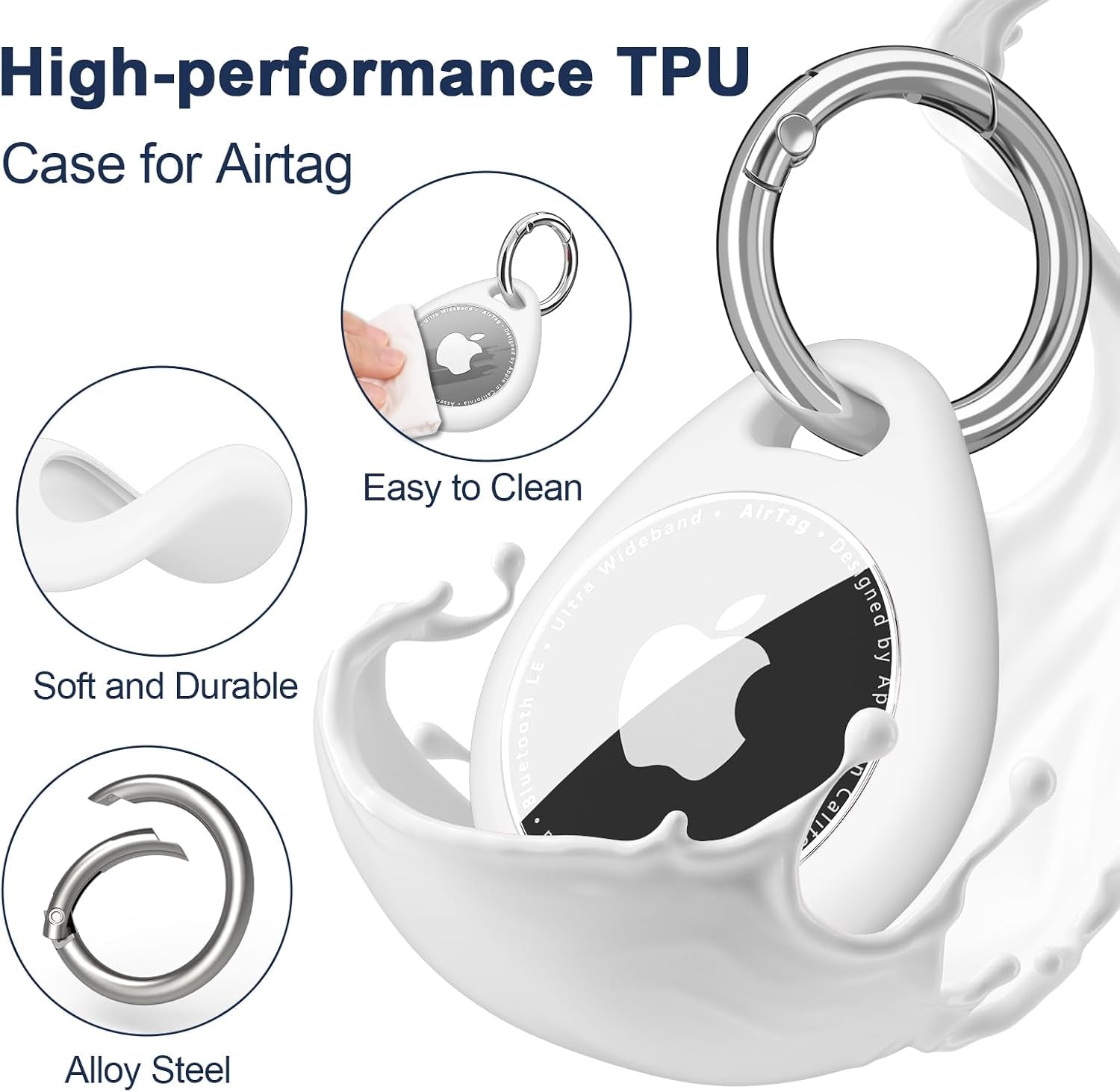 4 Pack Airtag Holder for Apple Air Tags with Keychain, Soft TPU Shockproof Waterproof Shell Protective Case for Key, Luggage, Pet Collar (Black+White+Grey+Navy Blue)