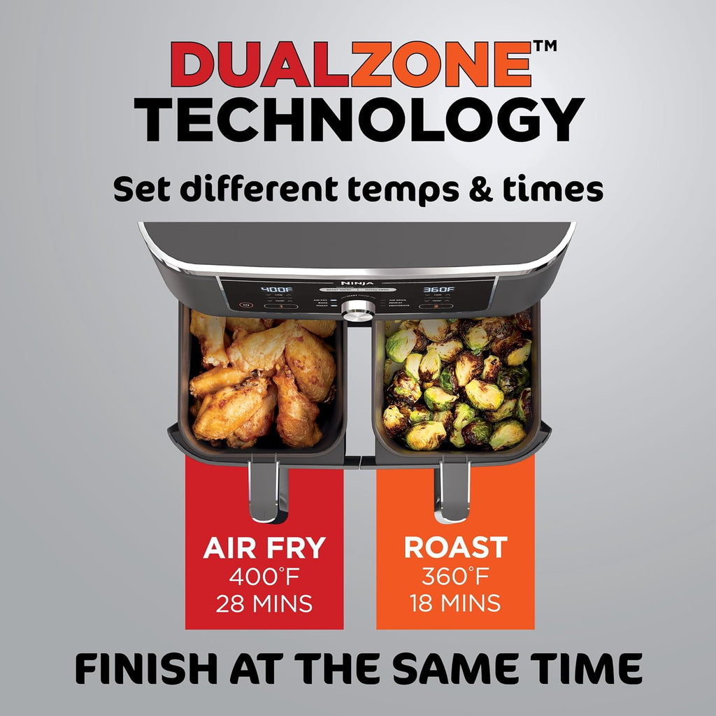 Ninja DZ401 Foodi 10 Quart 6-In-1 Dualzone XL 2-Basket Air Fryer with 2 Independent Frying Baskets, Match Cook & Smart Finish to Roast, Broil, Dehydrate for Quick, Easy Family-Sized Meals, Grey | Air Fry, Roast, Broil, Bake, Reheat, Dehydrate, 2 Independent 5 Qt Baskets, Match Cook, IQ Boost