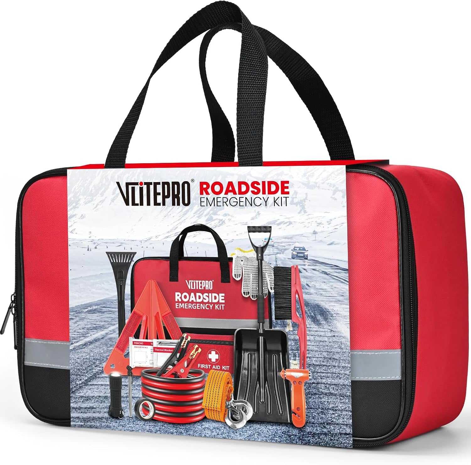 Roadside Emergency Car Kit for Vehicles, Car First Aid Kit Emergency Kit with Jumper Cables, Snow Shovel, Tow Strap, Car Safety Kits, Road Trip Assistance for Men, Women, New Driver Gifts