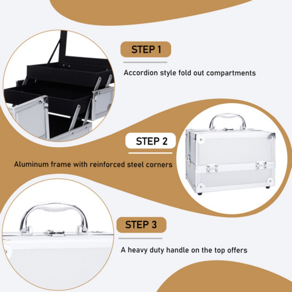 Portable Top-Opening with Mirror, Aluminum Alloy, Silver Color, Makeup Box, SM-2176