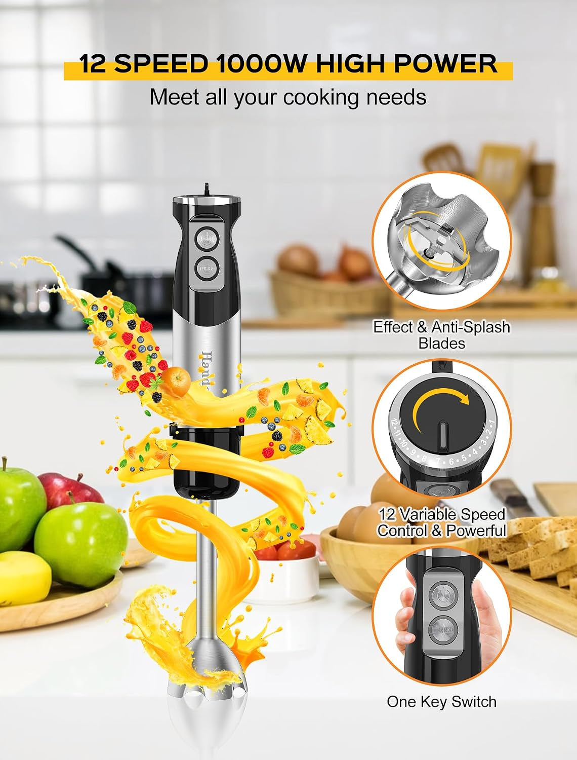 6-In-1 Hand Immersion Blender, 1000W 12 Speed Handheld Blender with 600Ml Beaker, 500Ml Chopper, Egg Whisk, Milk Frother, Stainless Steel Blades for Soup, Smoothie, Puree