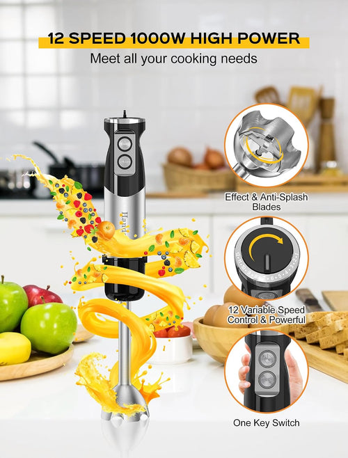 6-In-1 Hand Immersion Blender, 1000W 12 Speed Handheld Blender with 600Ml Beaker, 500Ml Chopper, Egg Whisk, Milk Frother, Stainless Steel Blades for Soup, Smoothie, Puree