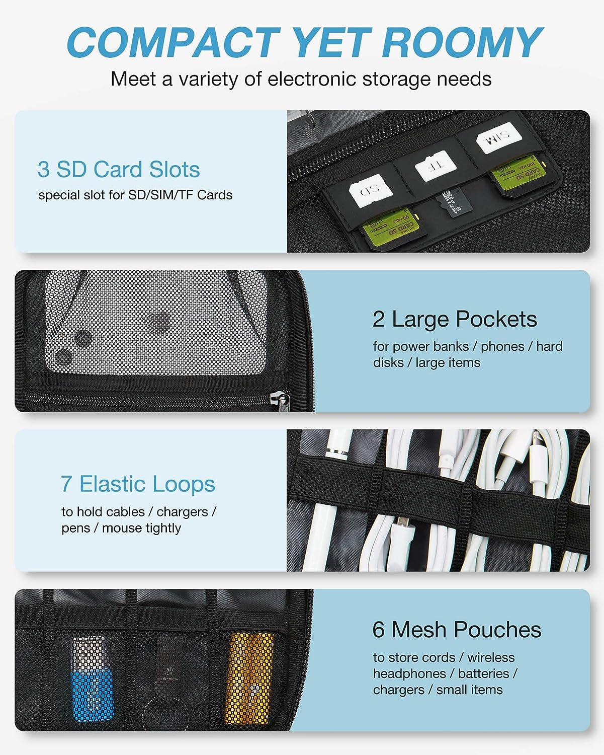 Large Electronic Organizer Travel Case for Tech Accessories, Black | Tech Accessories, Cord Storage, for Phone, Power Bank, SD Card, Cables