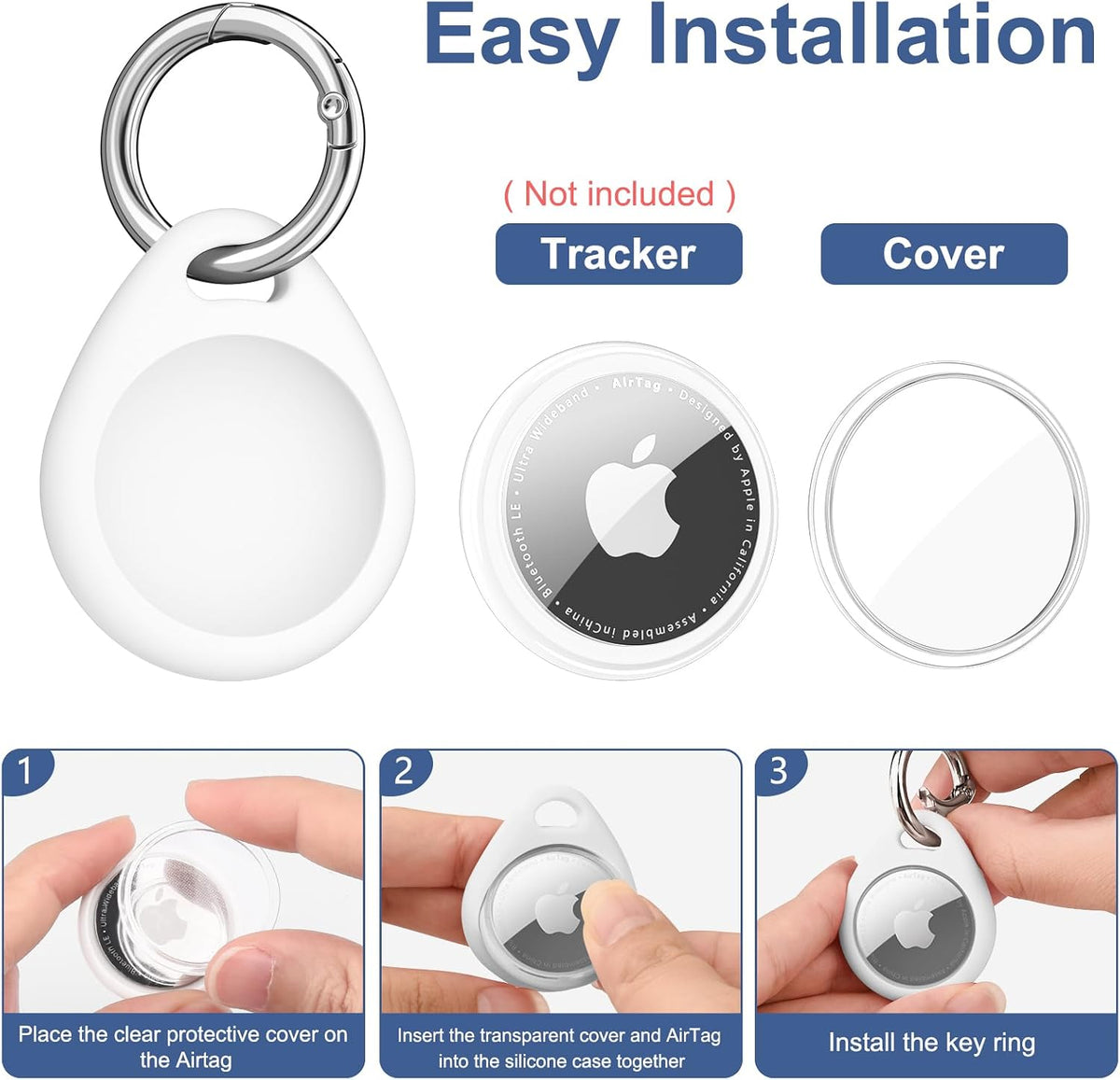 4 Pack Airtag Holder for Apple Air Tags with Keychain, Soft TPU Shockproof Waterproof Shell Protective Case for Key, Luggage, Pet Collar (Black+White+Grey+Navy Blue)