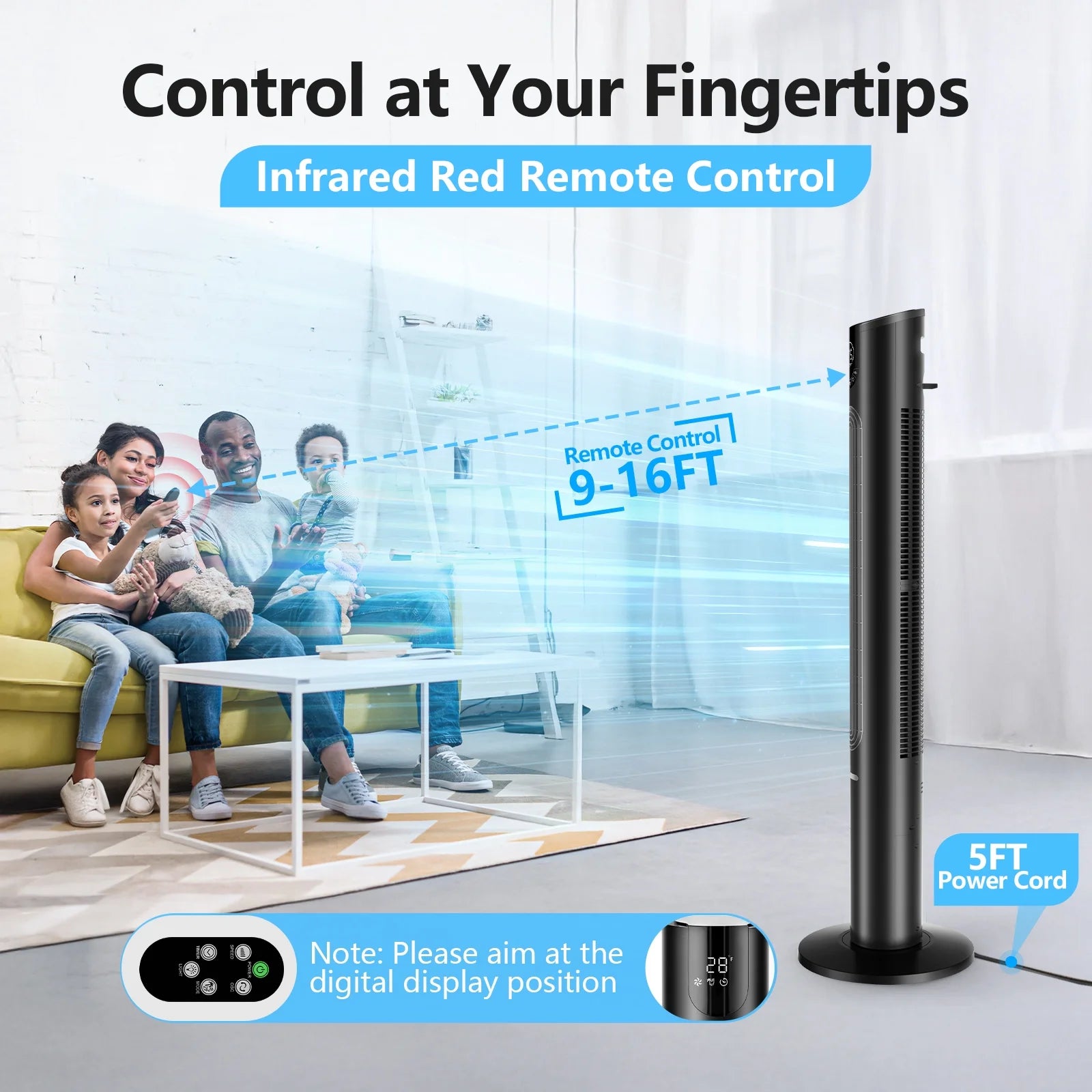 45" Oscillating Tower Fan with Remote, 8 Speeds, 12H Timer,Dc Motor 25Db Quiet Cooling Floor Fan for Bedroom Home Office, Black