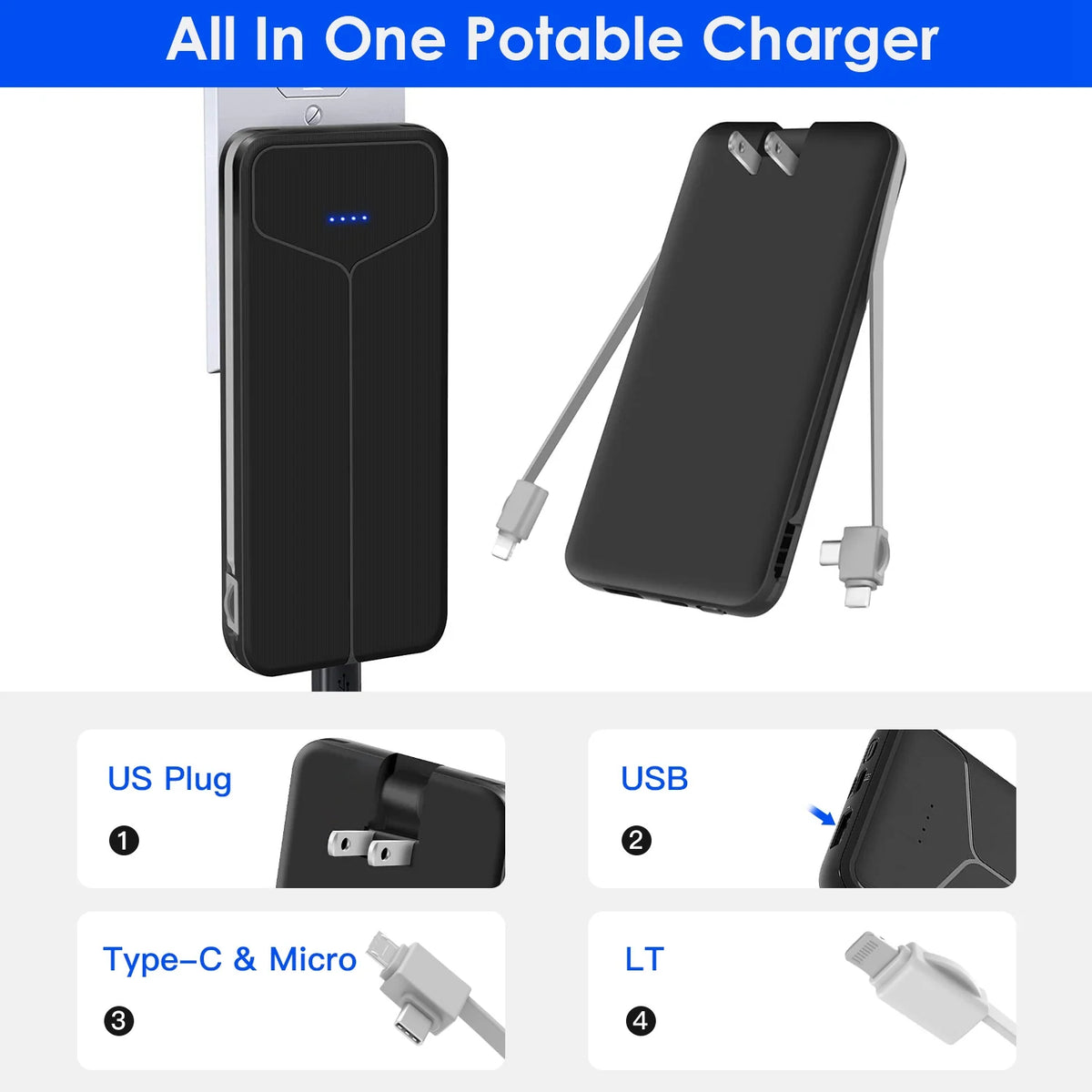 10000Mah Power Bank Portable Charger with US Plug 2 Built-In Cables External Battery Pack with 4 Ouputs 3 Inputs Fit for IOS Phone 14 Android and More