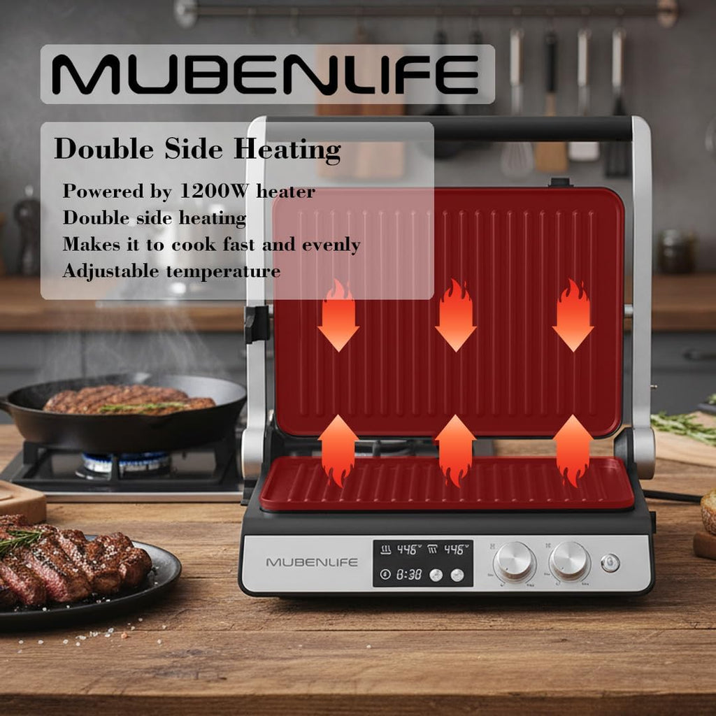 Panini Press,4 Slices Contact Grill with Removable Non-Stick Coated Grill and Flat Plates,Panini Makers with Temperature Control and Timer,Open 180 Degrees,Grill and Griddle (Silver with Digital)