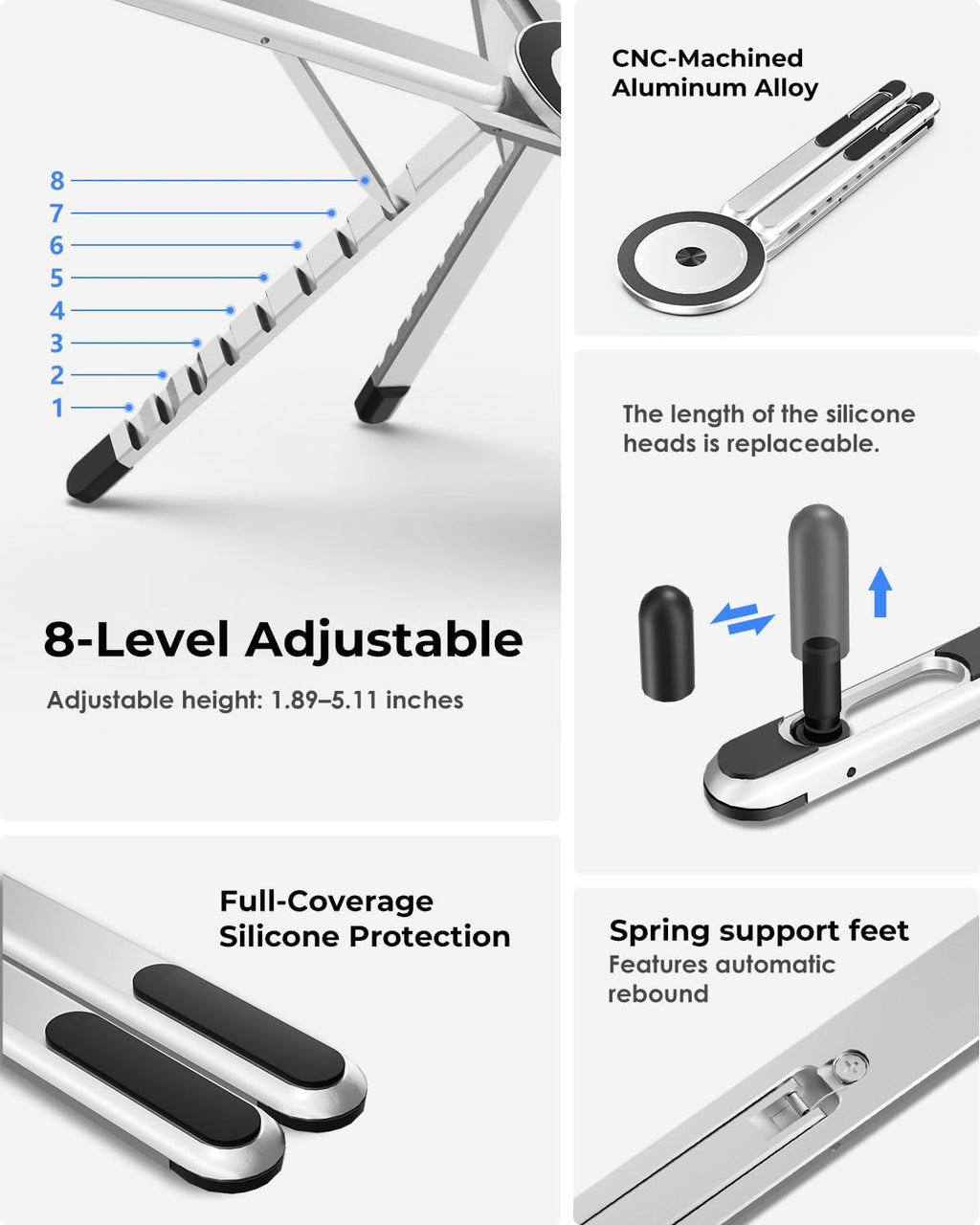Portable Laptop Stand for Desk, Foldable Adjustable Computer Riser with Magnetic Phone Holder, Aluminum Laptop Stand for 10–16” Laptops & 4–13” Phones/Tablets (Silver)