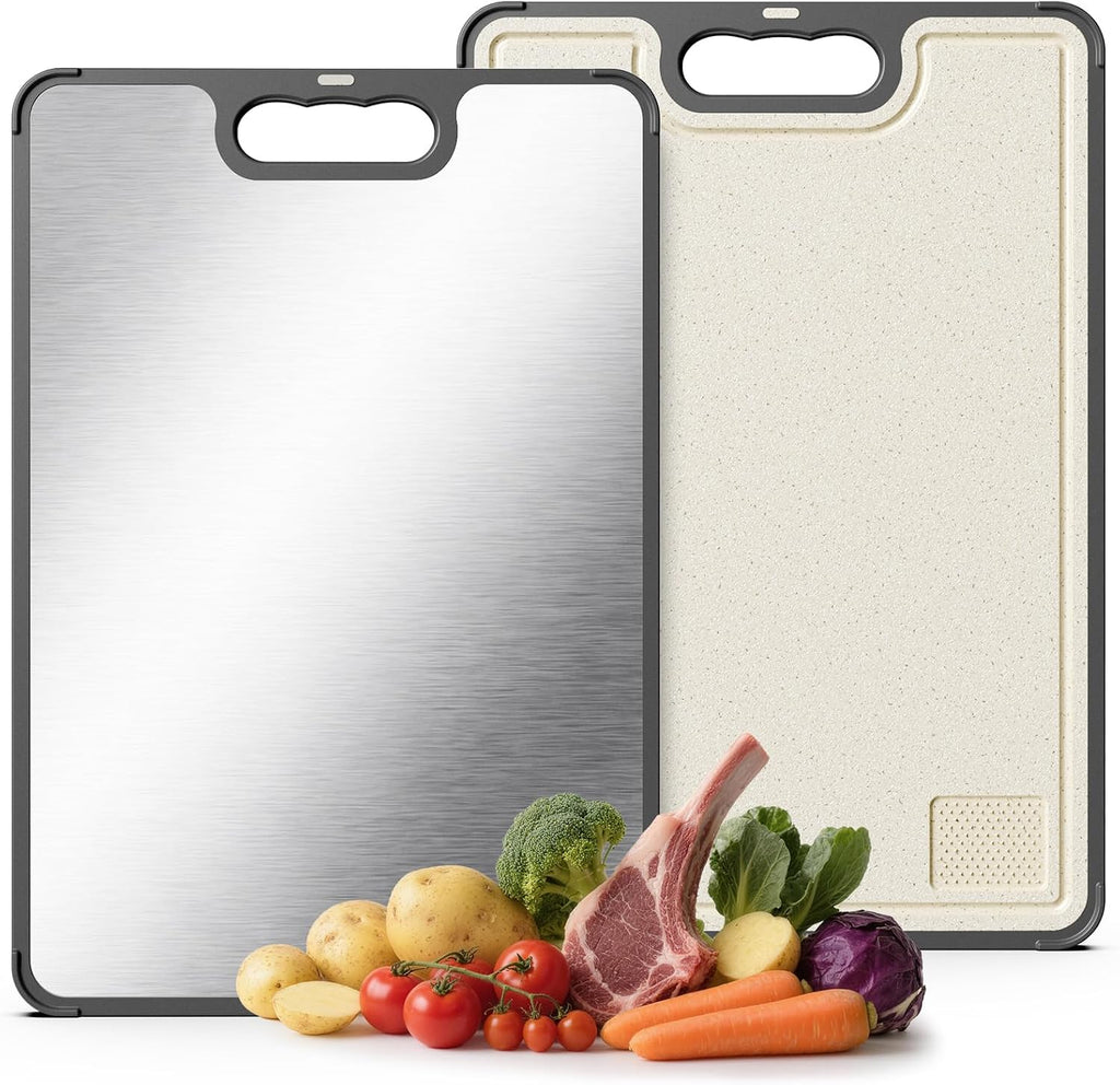Double-Sided Cutting Board for Kitchen - Stainless Steel Cutting Board with Wheat Straw Side, Non-Toxic Chopping Board with Juice Groove, Garlic Grinder & Non-Slip Design, 14.5 X 10.0"