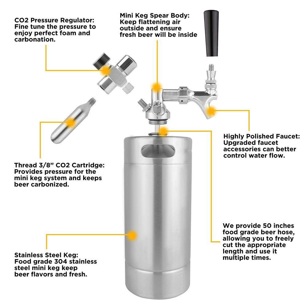 128 Oz. Stainless Steel Mini Keg Growler, Pressurized Home Dispenser System with Self-Closing Design Faucet