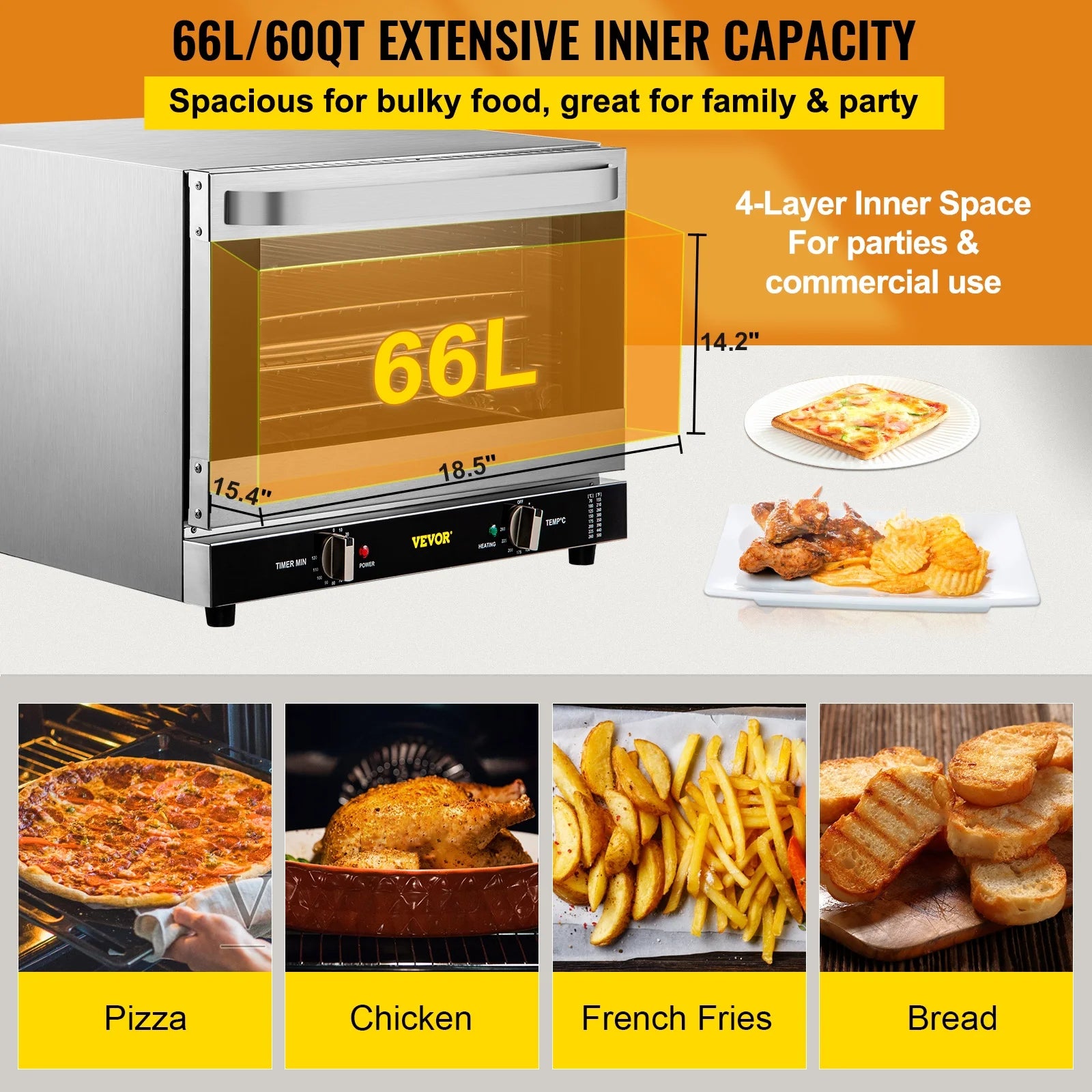 Commercial Convection Oven, Professional Countertop Oven66L/60Qt, Mid-Size Conventional Oven Countertop, 1800W 4-Tier Toaster with Front Glass Door